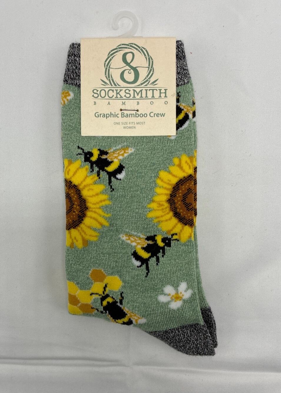 Socksmith Womens Bamboo Crew Socks Sunflowers Bees Graphic Floral Yellow NWT